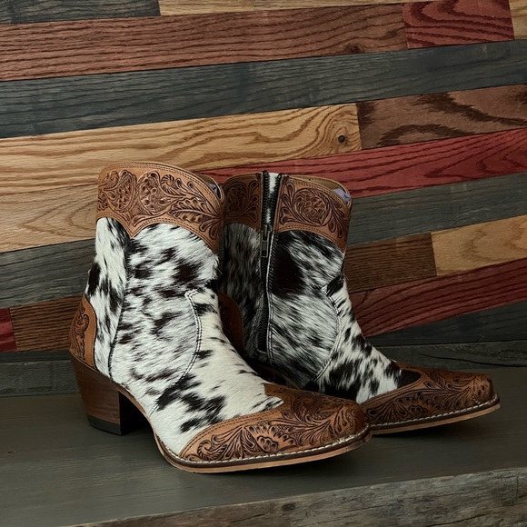 💯Hand Tooled Leather Genuine Cowhide Women Bootie Boot Boho Western Shoe ankle - Picture 13 of 16